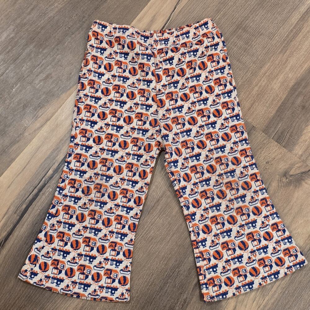 70s Healthtex Kids Bell Bottoms Vintage Pants Toy Pattern Orange Blue 24 Mo